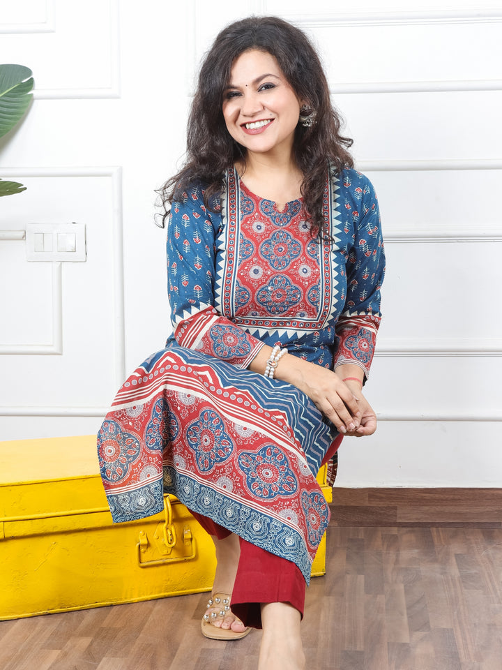 Samriti Denim Blue Round Neck Printed Patch with Mirror Work Muslin Kurti