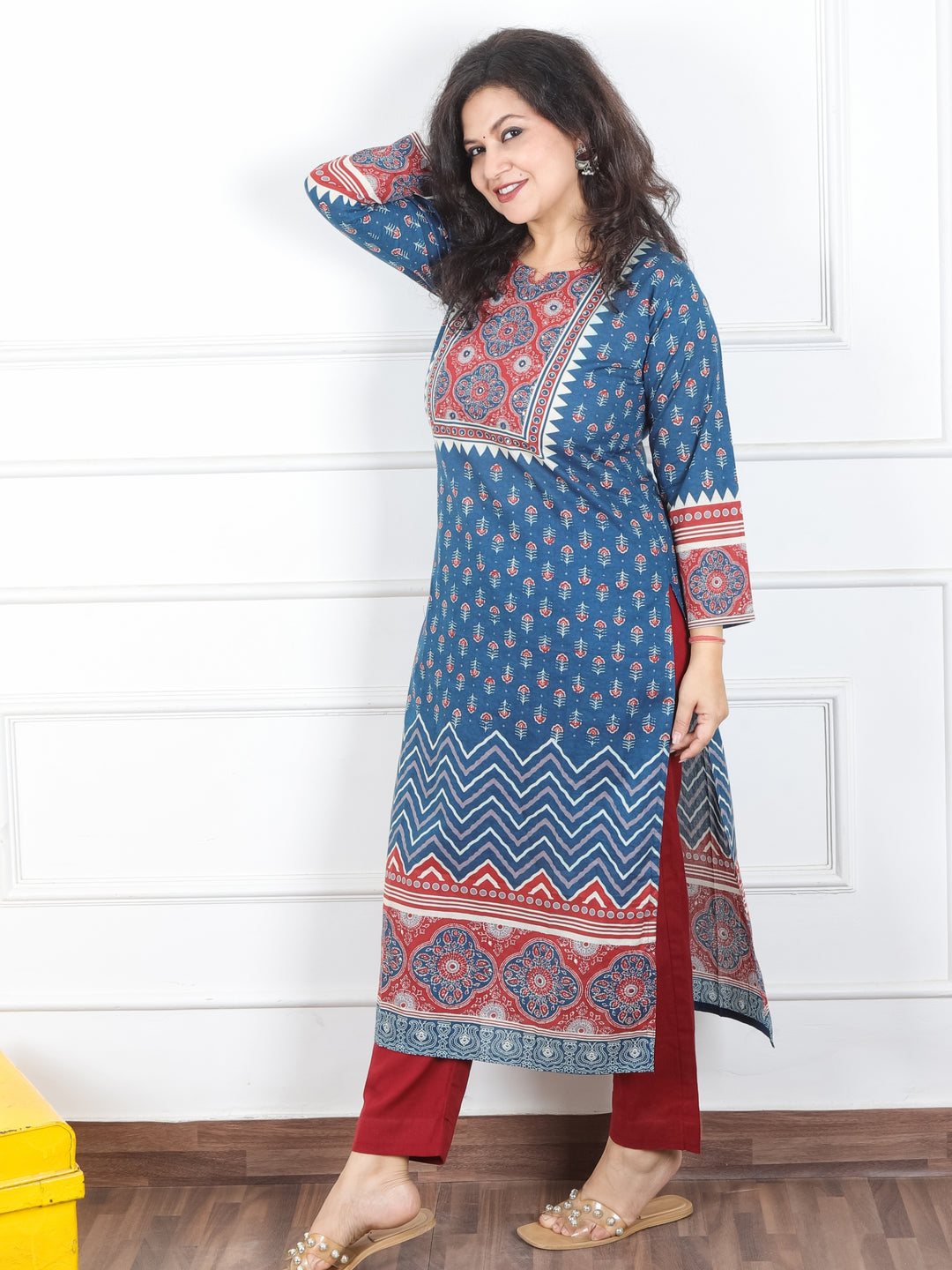 Samriti Denim Blue Round Neck Printed Patch with Mirror Work Muslin Kurti