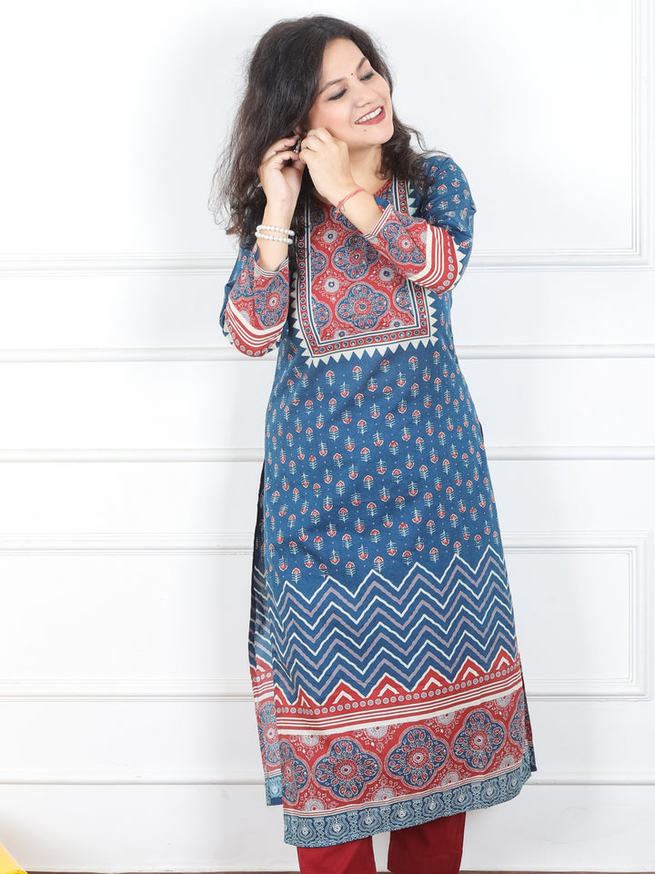 Samriti Denim Blue Round Neck Printed Patch with Mirror Work Muslin Kurti