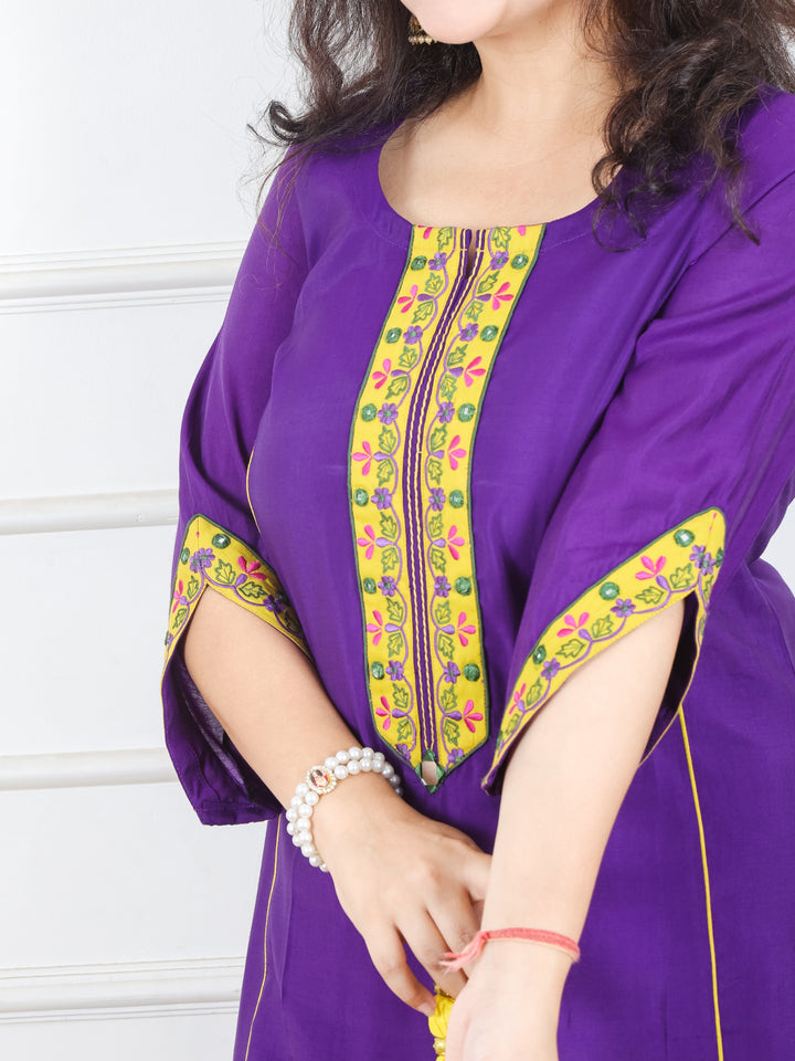 Malti Vibrant Purple Embroidered Lace and Mirror Neck Work Roman Silk 2 Piece Set