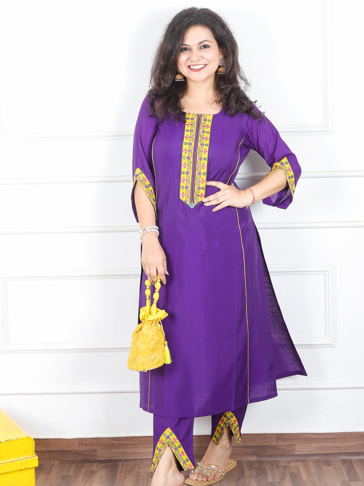 Malti Vibrant Purple Embroidered Lace and Mirror Neck Work Roman Silk 2 Piece Set