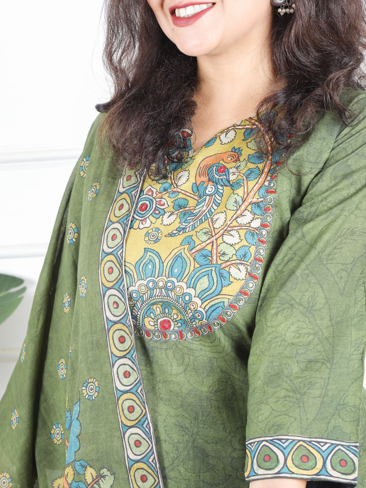 Samriddhi Forest Green Kalamkari Print Neck Patch Self Print Cotton 3 Piece Set