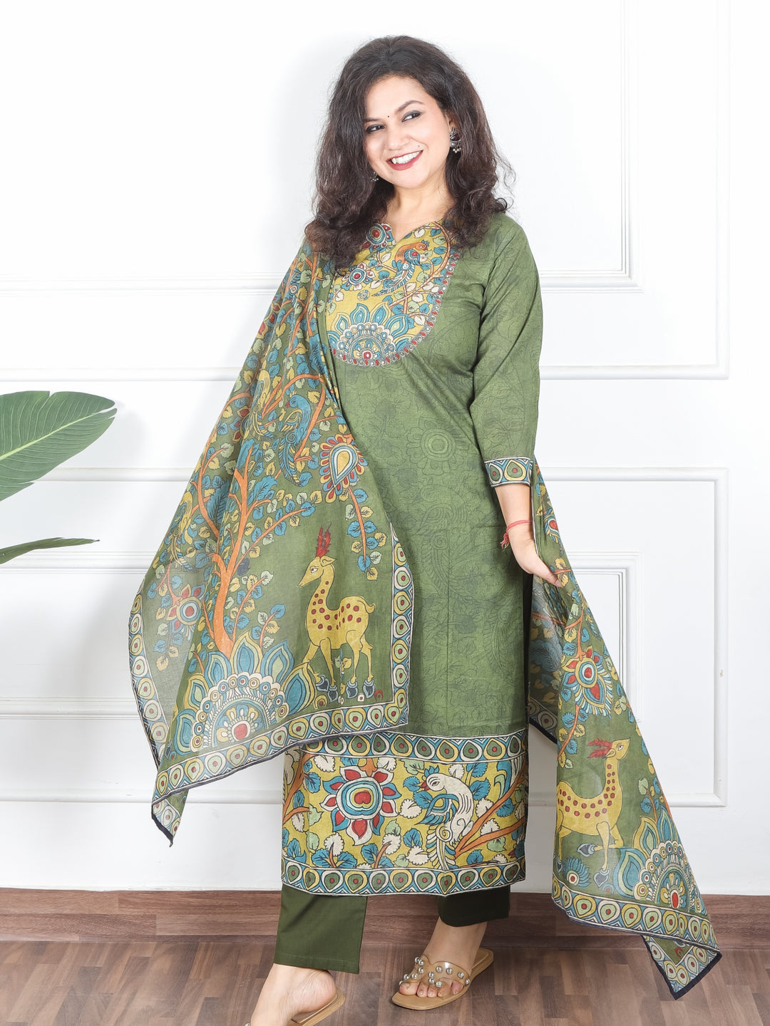 Samriddhi Forest Green Kalamkari Print Neck Patch Self Print Cotton 3 Piece Set