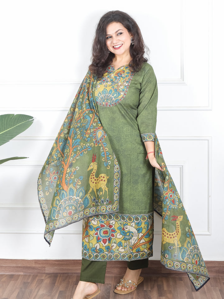 Samriddhi Forest Green Kalamkari Print Neck Patch Self Print Cotton 3 Piece Set