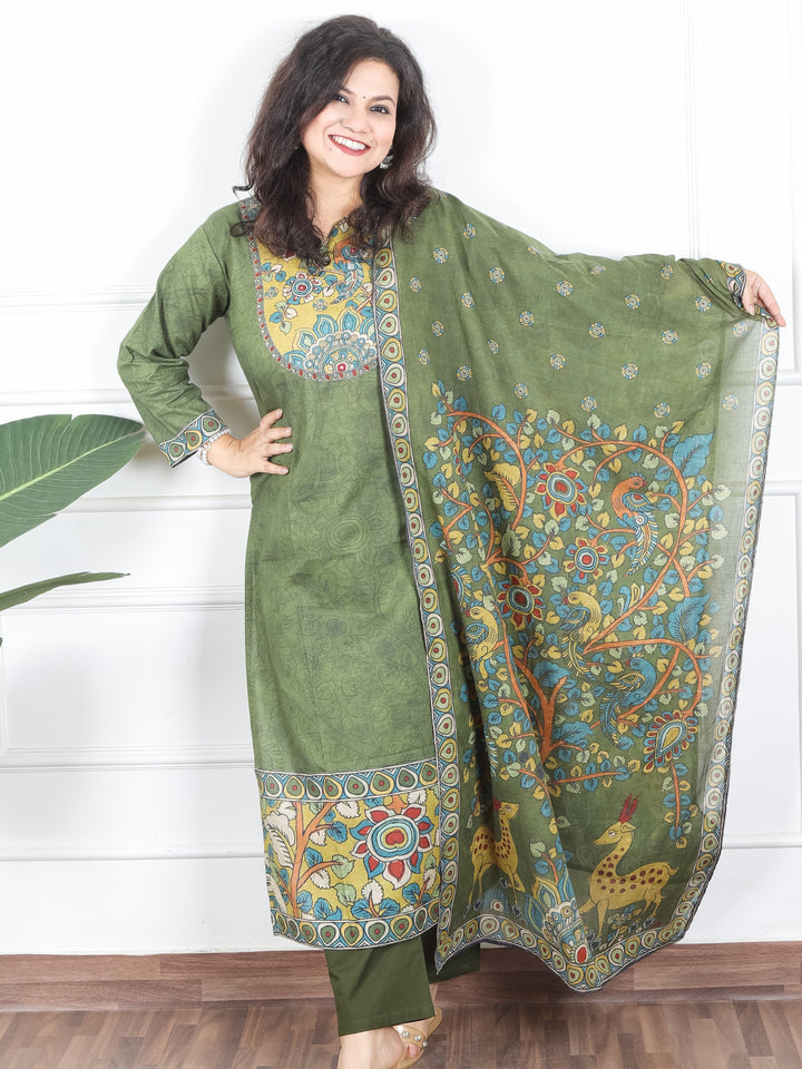 Samriddhi Forest Green Kalamkari Print Neck Patch Self Print Cotton 3 Piece Set