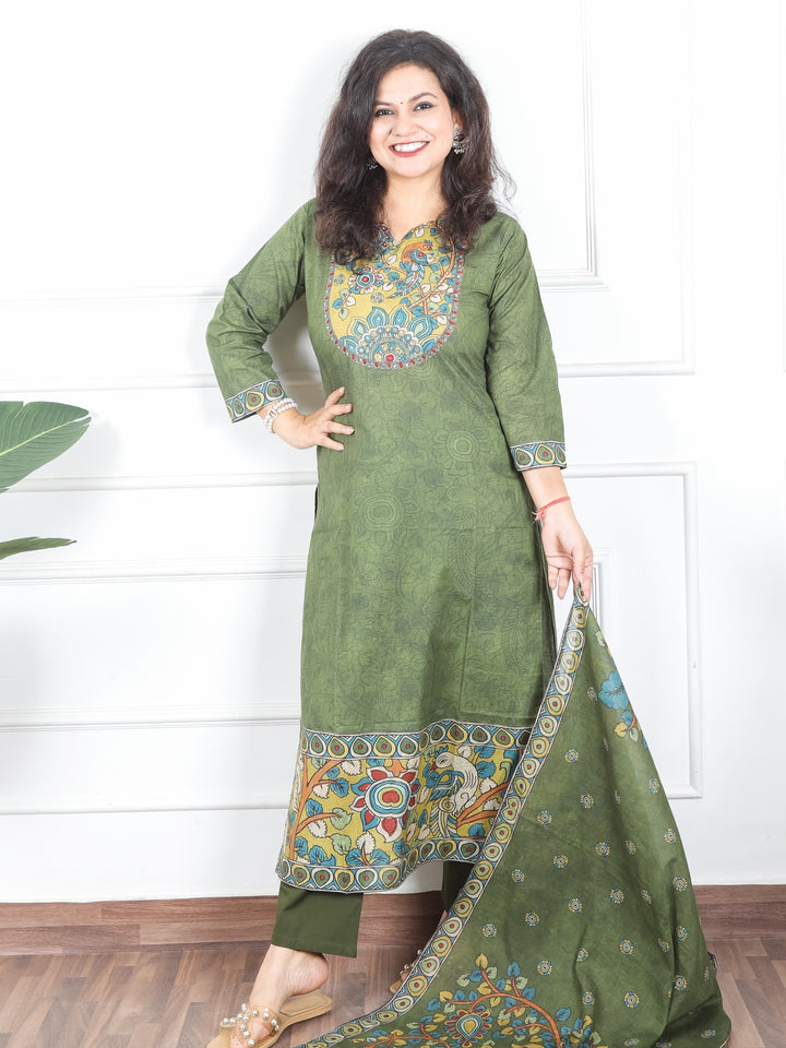 Samriddhi Forest Green Kalamkari Print Neck Patch Self Print Cotton 3 Piece Set