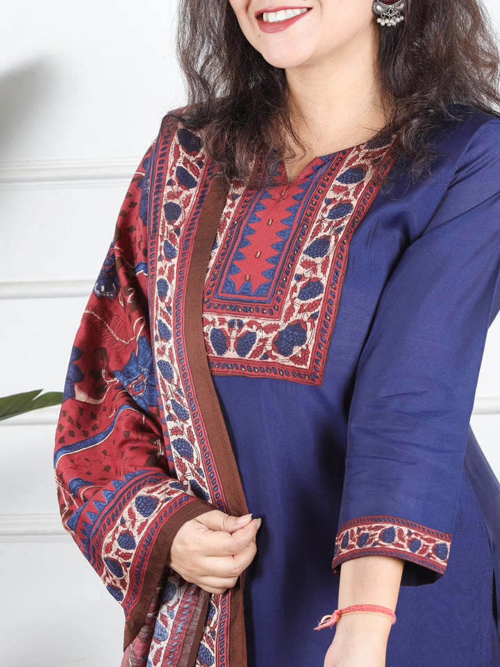 Samriddhi Indigo Blue Digital Printed Patch with Sequine Work Modal 3 Piece Set