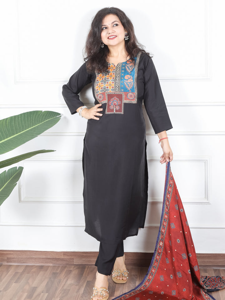 Samriddhi Night Black Digital Printed Patch with Sequine Work Modal 3 Piece Set