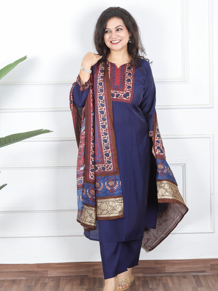 Samriddhi Indigo Blue Digital Printed Patch with Sequine Work Modal 3 Piece Set