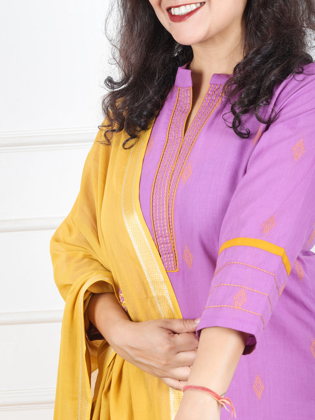 Mishti Lilly Lilac Ban Collar with Running Stitch Work South Cotton 3 Piece Set