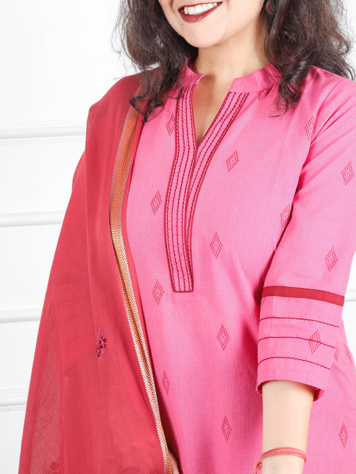 Mishti Rossy Mauve Ban Collar with Running Stitch Work South Cotton 3 Piece Set