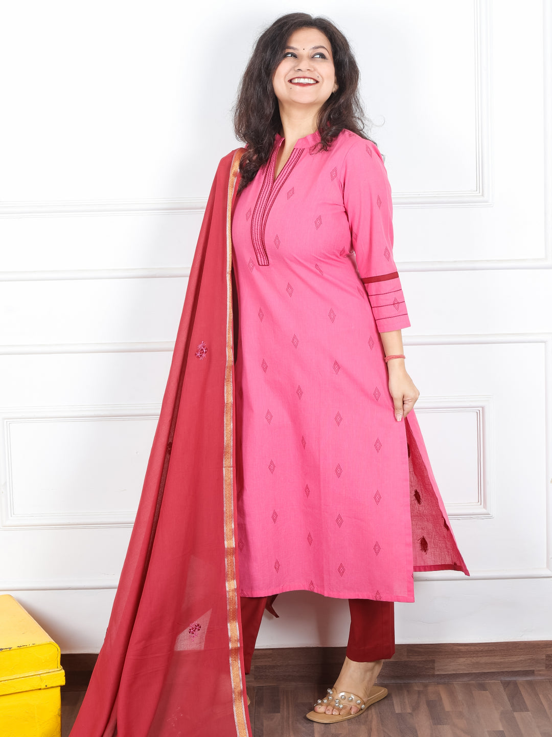 Mishti Rossy Mauve Ban Collar with Running Stitch Work South Cotton 3 Piece Set