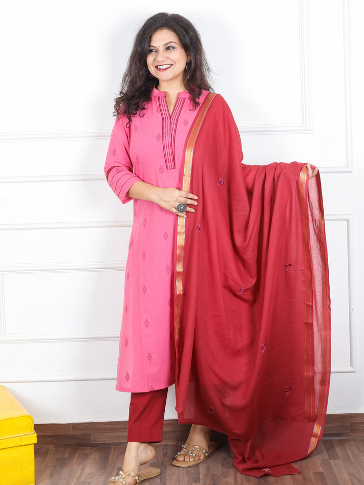 Mishti Rossy Mauve Ban Collar with Running Stitch Work South Cotton 3 Piece Set