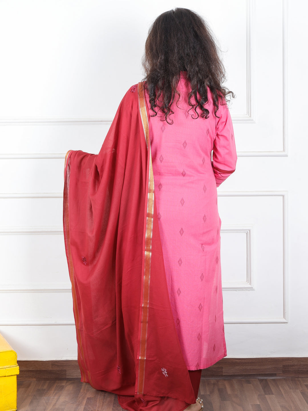 Mishti Rossy Mauve Ban Collar with Running Stitch Work South Cotton 3 Piece Set