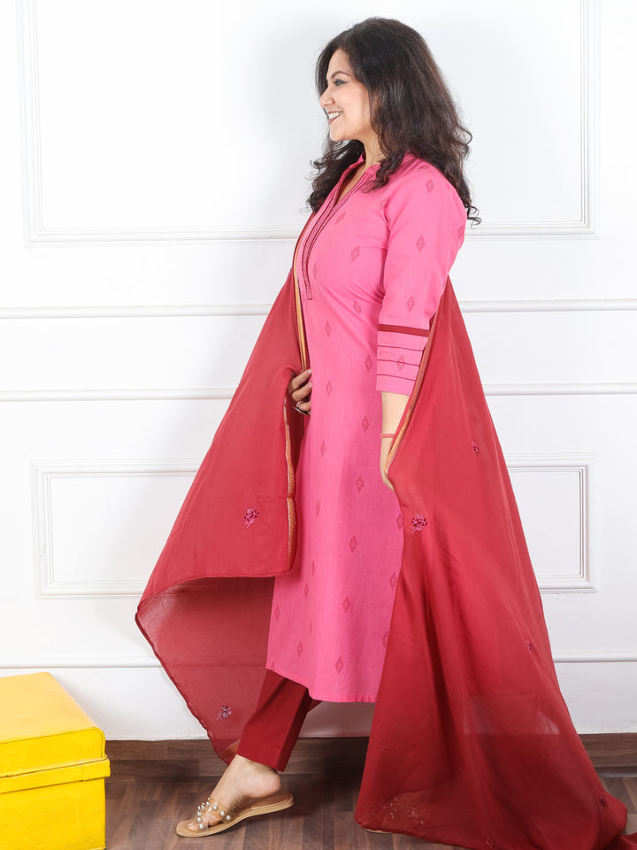 Mishti Rossy Mauve Ban Collar with Running Stitch Work South Cotton 3 Piece Set