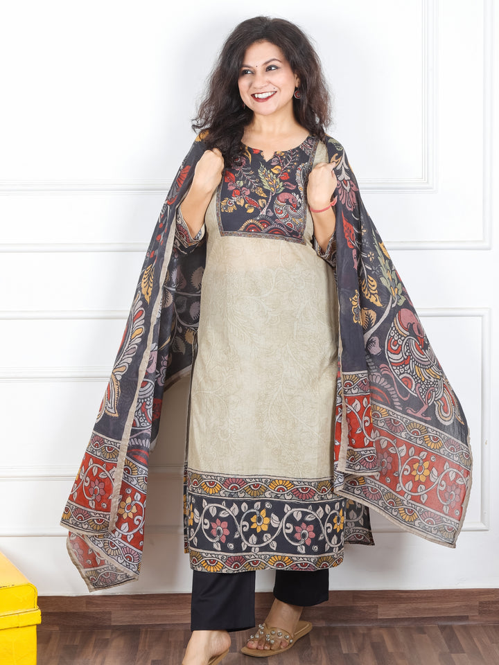 Samriddhi Sand Beige Kalamkari Print Neck Patch Self Print Cotton 3 Piece Set