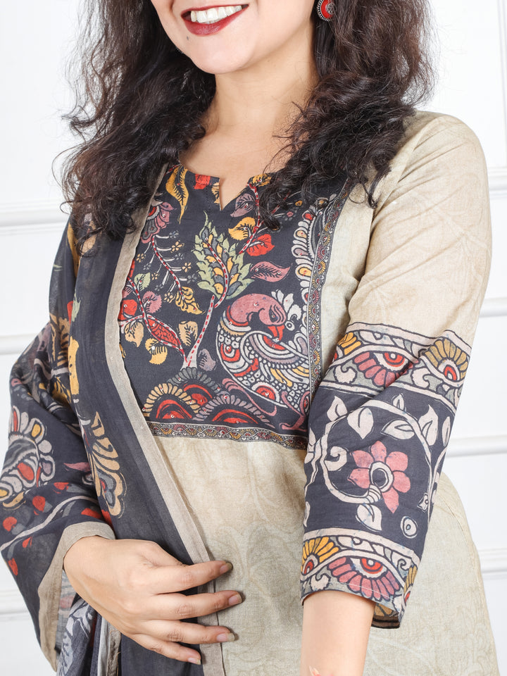 Samriddhi Sand Beige Kalamkari Print Neck Patch Self Print Cotton 3 Piece Set