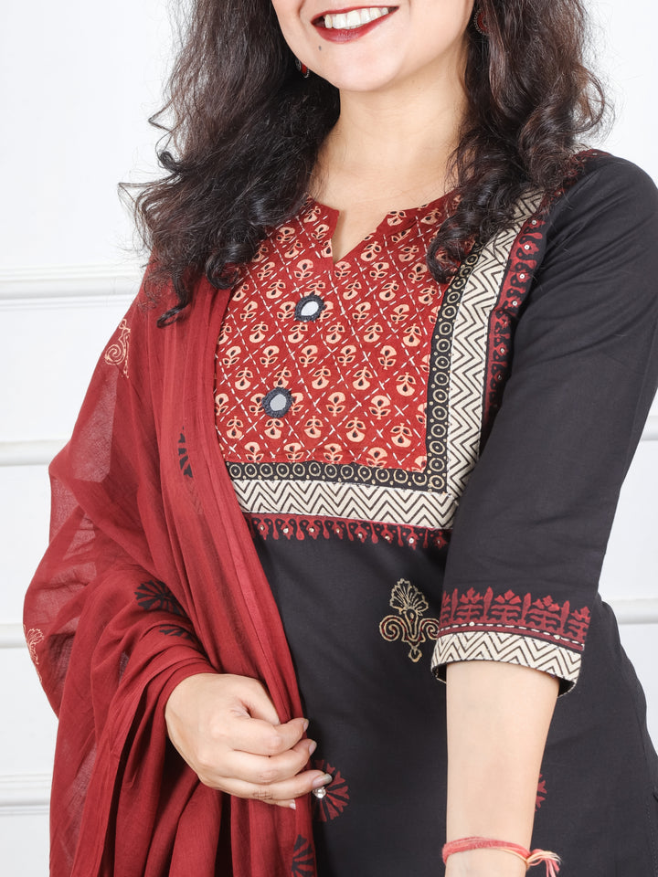 Radhika Faded Black Ajrak Printed Yoke with Mirror Work Cotton 3 Piece Set