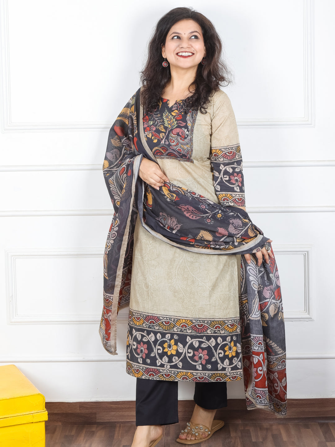 Samriddhi Sand Beige Kalamkari Print Neck Patch Self Print Cotton 3 Piece Set