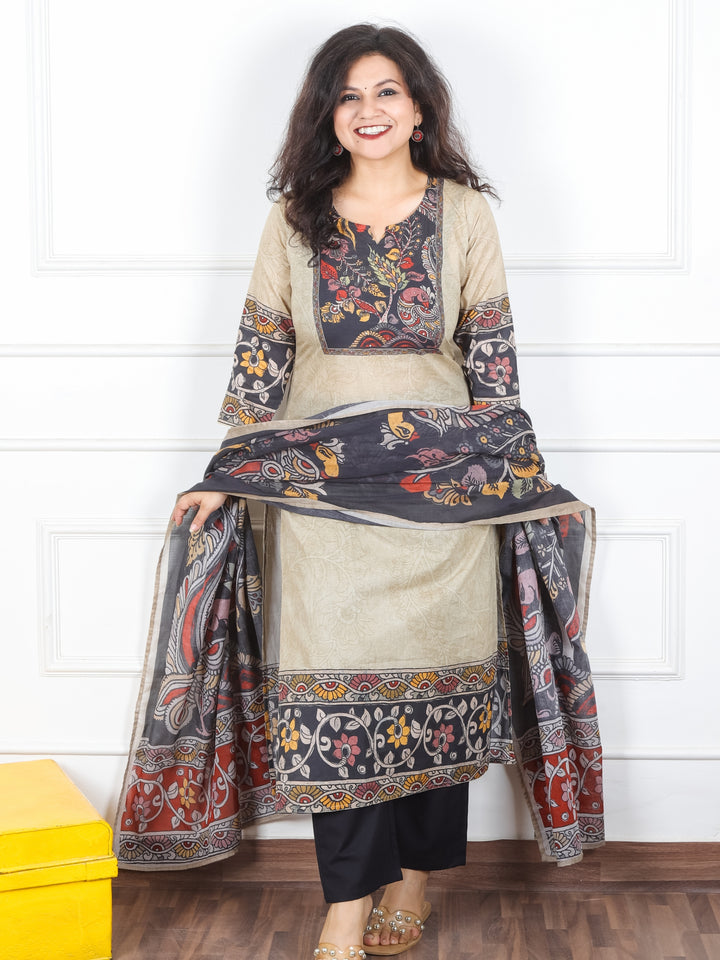 Samriddhi Sand Beige Kalamkari Print Neck Patch Self Print Cotton 3 Piece Set