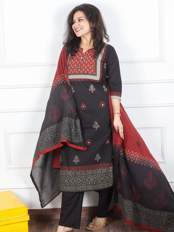 Radhika Faded Black Ajrak Printed Yoke with Mirror Work Cotton 3 Piece Set