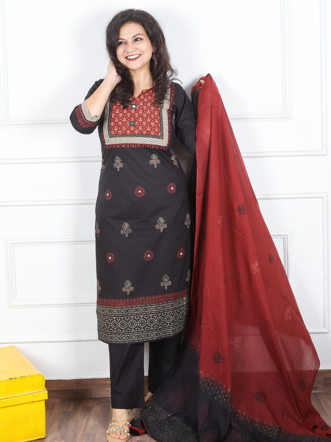 Radhika Faded Black Ajrak Printed Yoke with Mirror Work Cotton 3 Piece Set