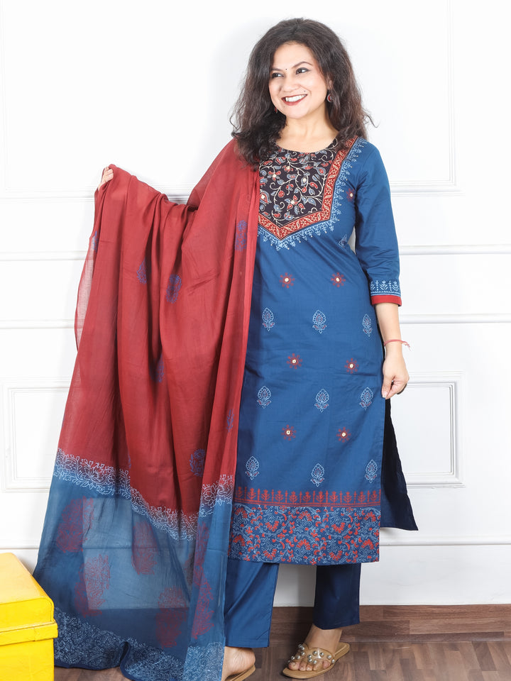 Radhika Denim Blue Floral Printed Yoke with Mirror Work Cotton 3 Piece Set