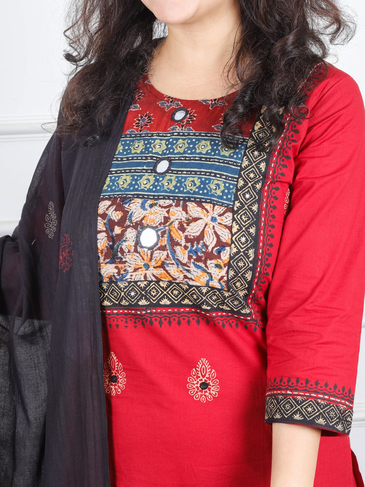 Radhika Berry Red Floral and Ajrak Printed Yoke with Mirror Work Cotton 3 Piece Set