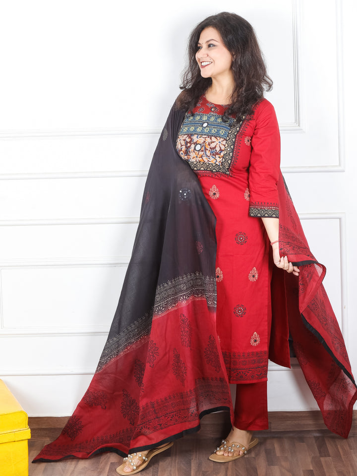 Radhika Berry Red Floral and Ajrak Printed Yoke with Mirror Work Cotton 3 Piece Set
