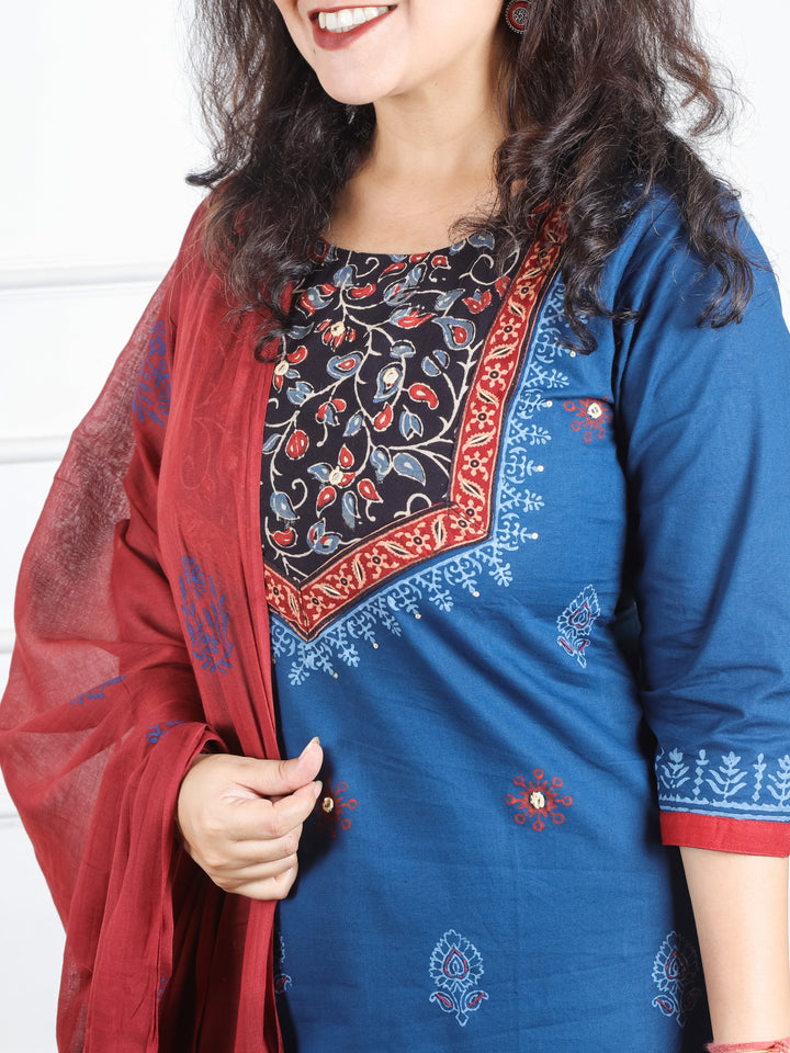 Radhika Denim Blue Floral Printed Yoke with Mirror Work Cotton 3 Piece Set