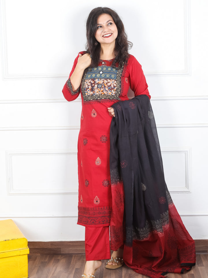 Radhika Berry Red Floral and Ajrak Printed Yoke with Mirror Work Cotton 3 Piece Set