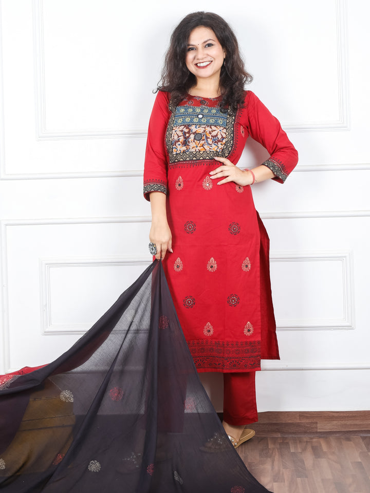Radhika Berry Red Floral and Ajrak Printed Yoke with Mirror Work Cotton 3 Piece Set