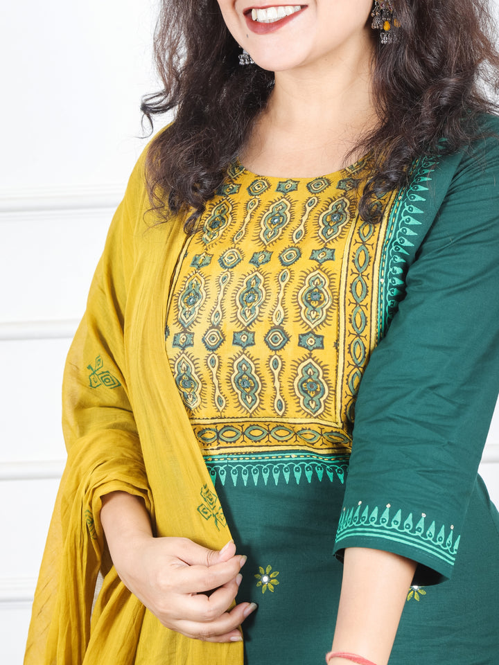 Radhika Sacramneto Green Ajrak Printed Yoke with Mirror Work Cotton 3 Piece Set