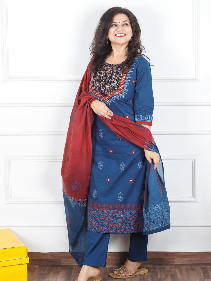 Radhika Denim Blue Floral Printed Yoke with Mirror Work Cotton 3 Piece Set
