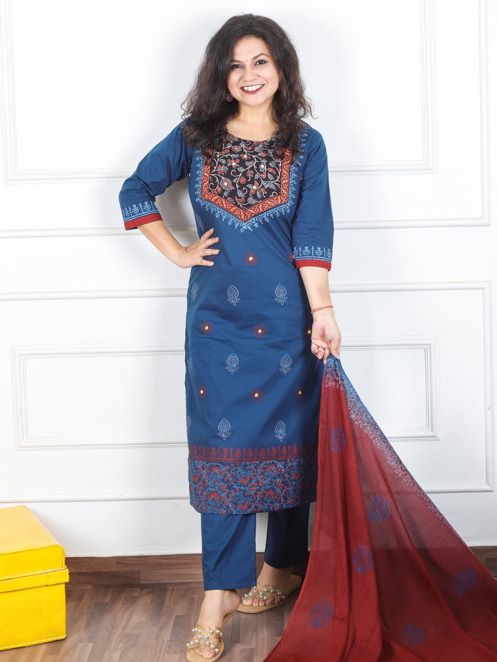 Radhika Denim Blue Floral Printed Yoke with Mirror Work Cotton 3 Piece Set