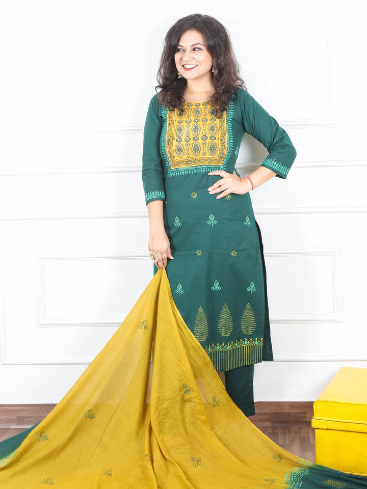 Radhika Sacramneto Green Ajrak Printed Yoke with Mirror Work Cotton 3 Piece Set
