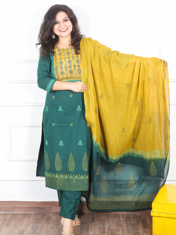 Radhika Sacramneto Green Ajrak Printed Yoke with Mirror Work Cotton 3 Piece Set