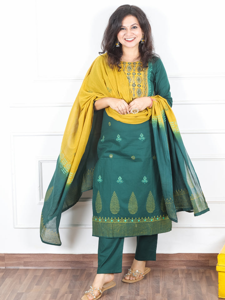 Radhika Sacramneto Green Ajrak Printed Yoke with Mirror Work Cotton 3 Piece Set