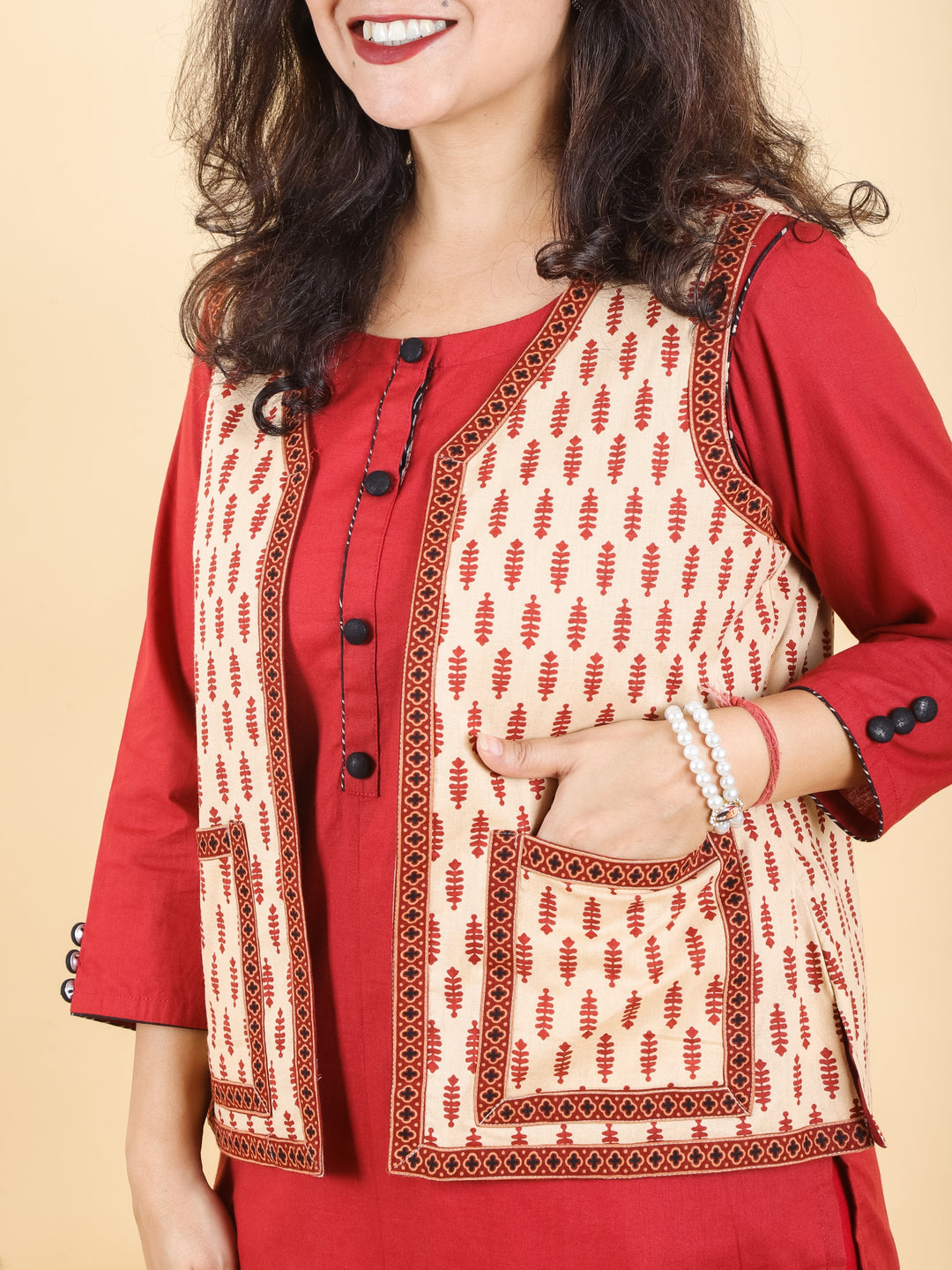 Sejal Beige with Maroon Printed Cotton Jacket with Pocket
