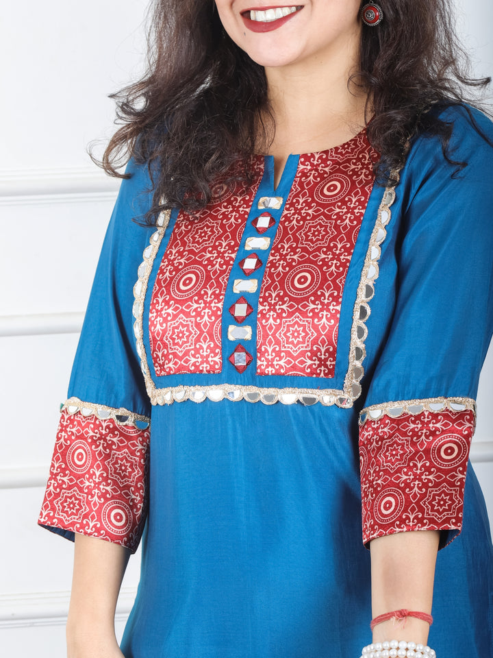 Mayuri Amber Paint Blue Mashru Patch Work Neck with Mirror Lace Roman Silk Kurti