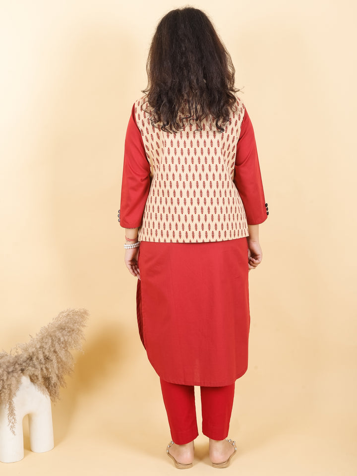 Sejal Beige with Maroon Printed Cotton Jacket with Pocket
