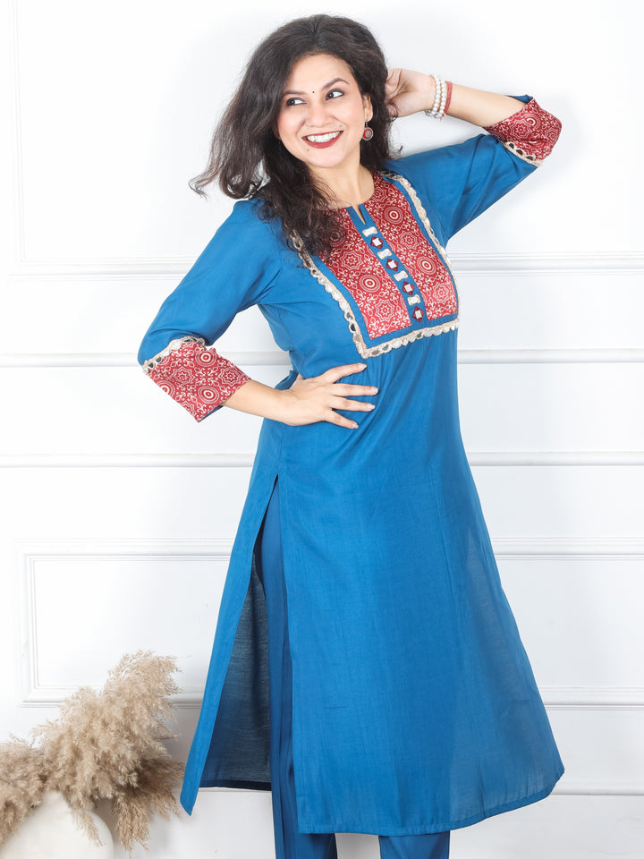 Mayuri Amber Paint Blue Mashru Patch Work Neck with Mirror Lace Roman Silk Kurti
