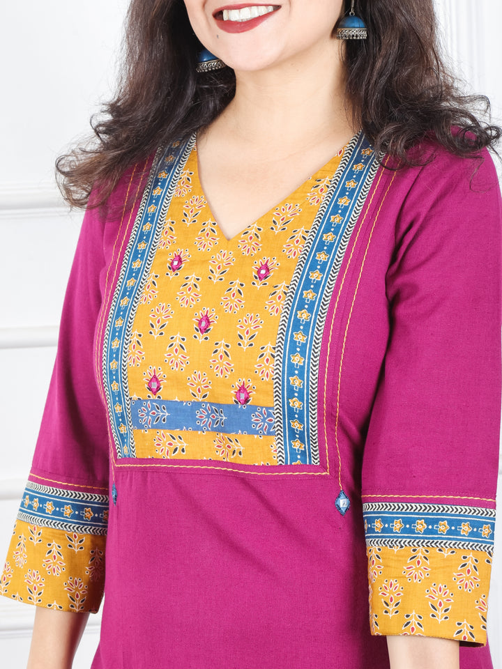Payal Vibrant Purple V Neck with Floral Printed Yoke in Plain Cotton Kurti