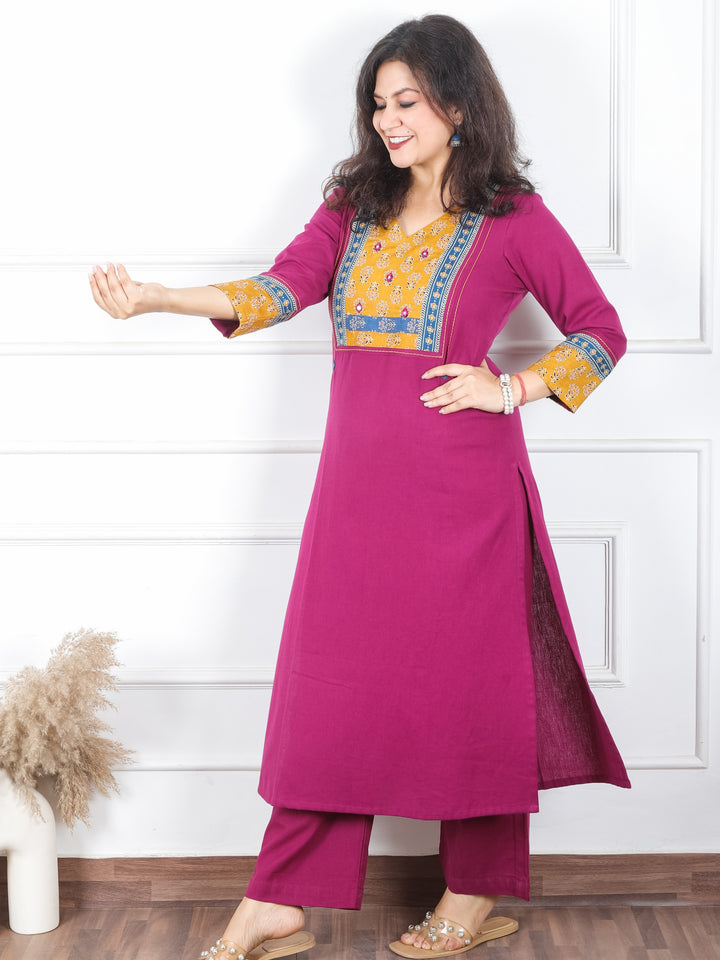 Payal Vibrant Purple V Neck with Floral Printed Yoke in Plain Cotton Kurti