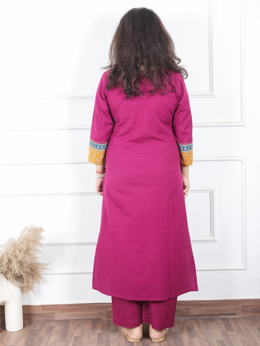 Payal Vibrant Purple V Neck with Floral Printed Yoke in Plain Cotton Kurti