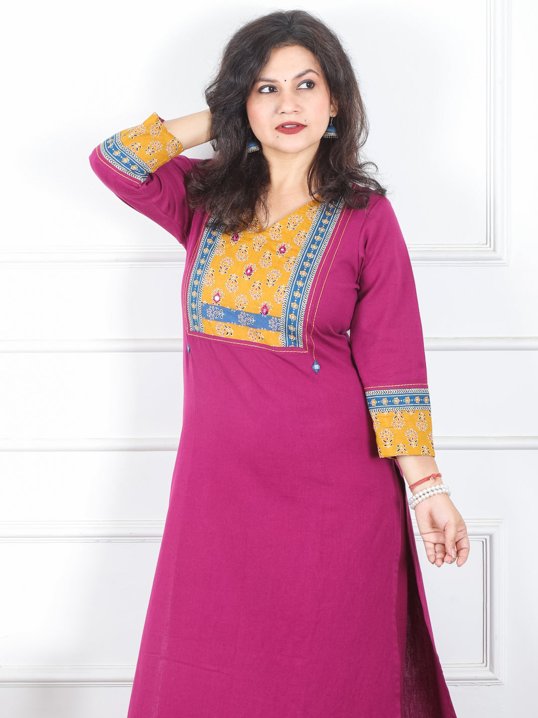 Payal Vibrant Purple V Neck with Floral Printed Yoke in Plain Cotton Kurti