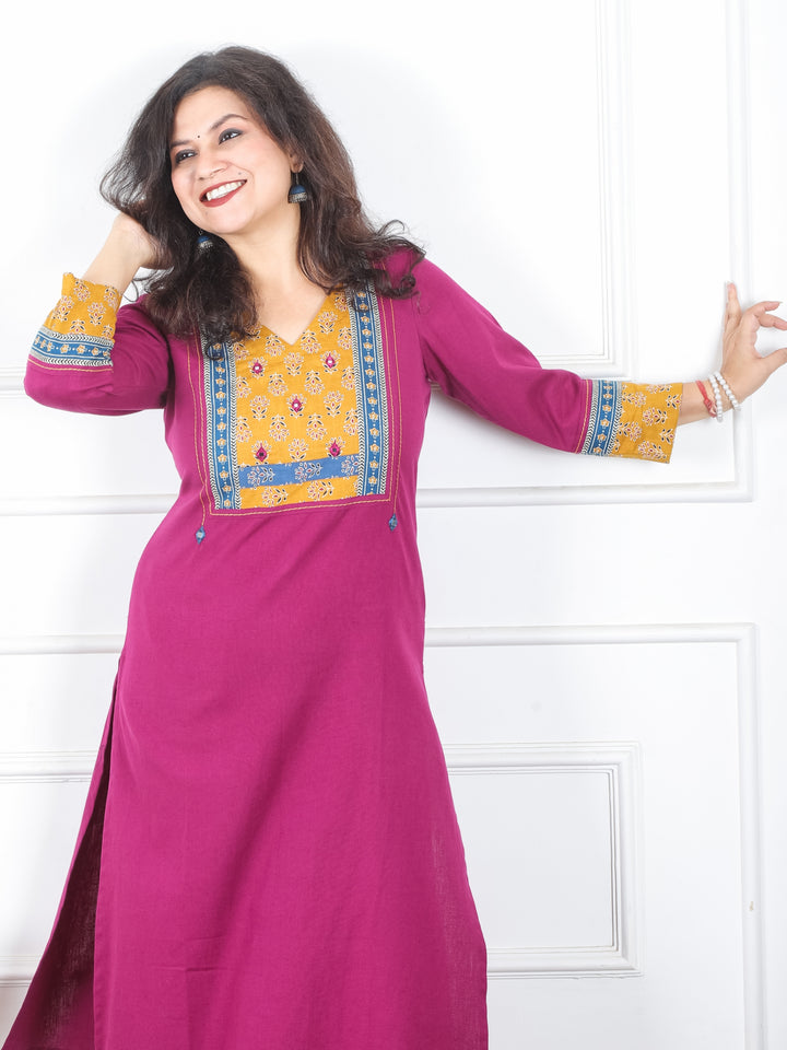 Payal Vibrant Purple V Neck with Floral Printed Yoke in Plain Cotton Kurti