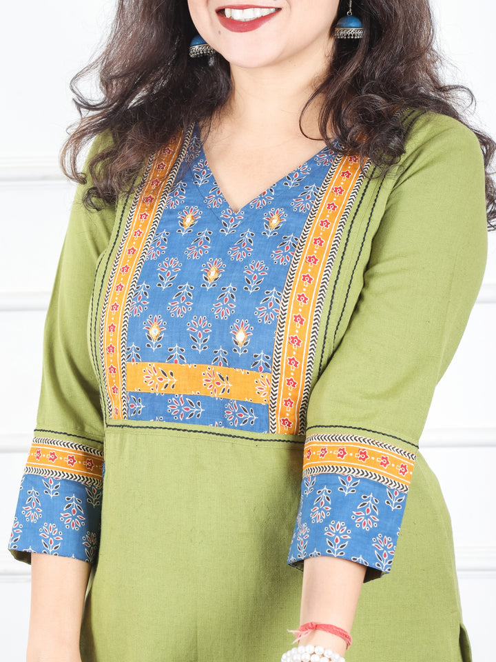 Payal Pine Green V Neck with Floral Printed Yoke in Plain Cotton Kurti