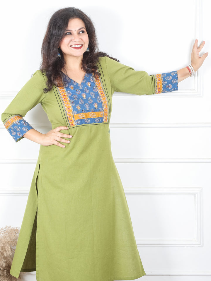 Payal Pine Green V Neck with Floral Printed Yoke in Plain Cotton Kurti