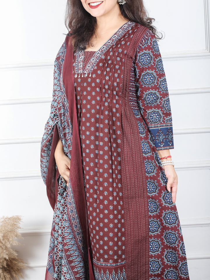 Damini Chocolate Brown V Neck Moti and PIntuck in Panel Style Printed Cotton 3 Piece Set